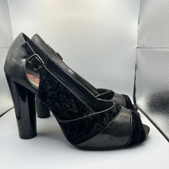 Hot Kiss Shoes - Hot Kiss Black Velvet & Faux Leather Peep-Toe Heels--Women's 9.5